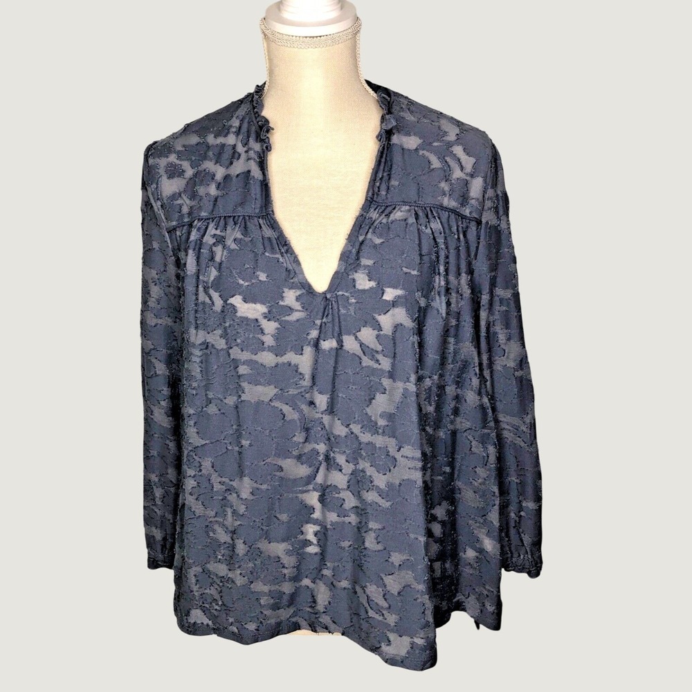 Lucky Brand Blouse Womens L Blue Burnout Floral V-Neck Peasant Boho Long Sleeve
